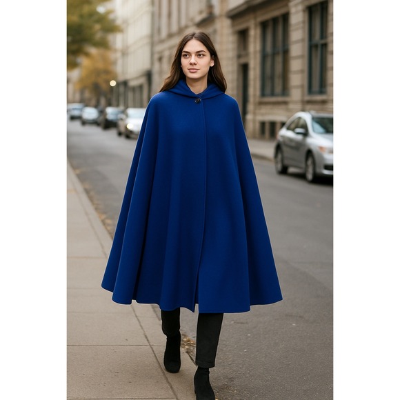 Vintage 1950's Featherlite 100% Merino Wool Cape Coat Blue Attached Scarf - Picture 1 of 12